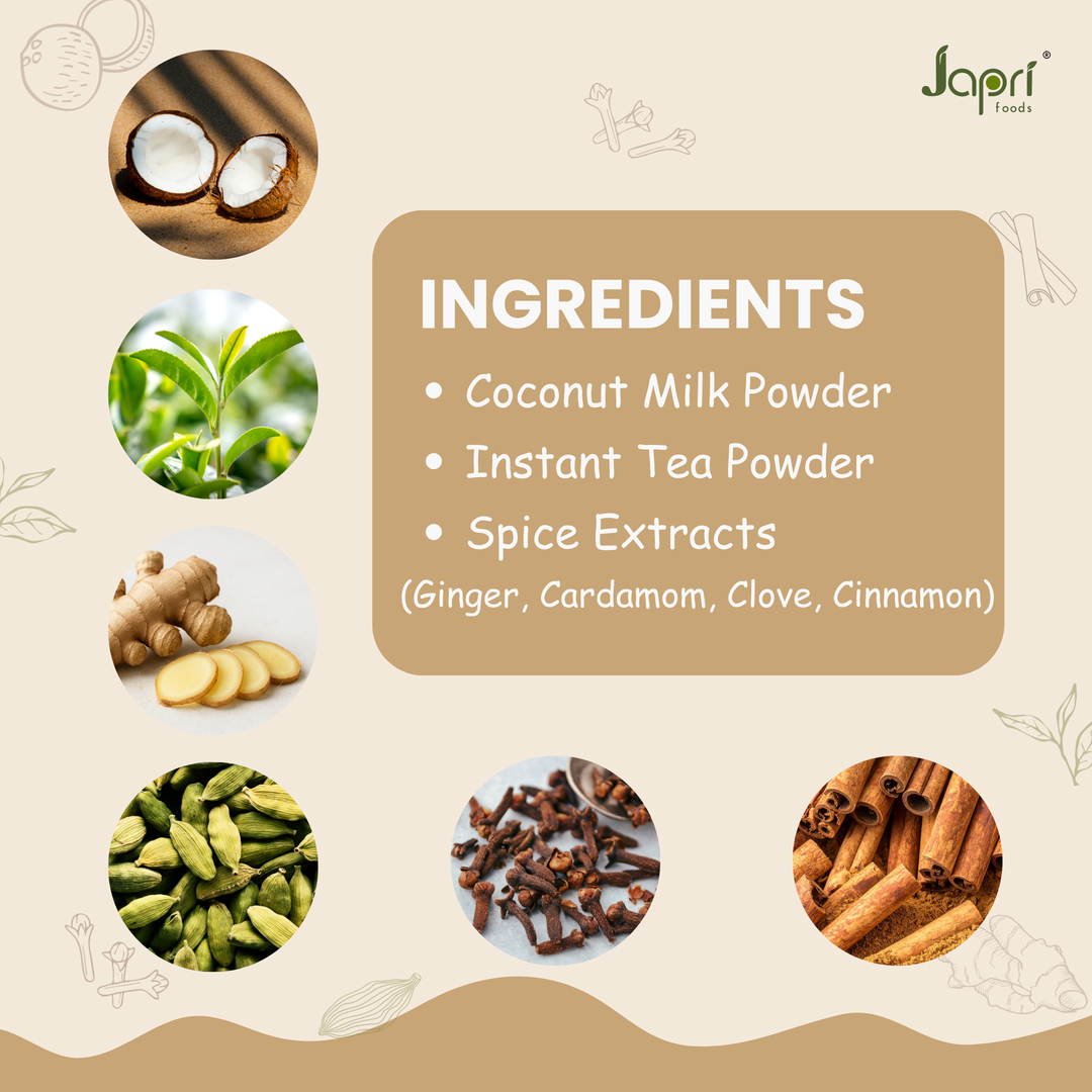 Japri Instant Coconut Milk No Added Sugar Masala Tea Premix - 100g (10g X 10) | Vegan Friendly & Lactose Free